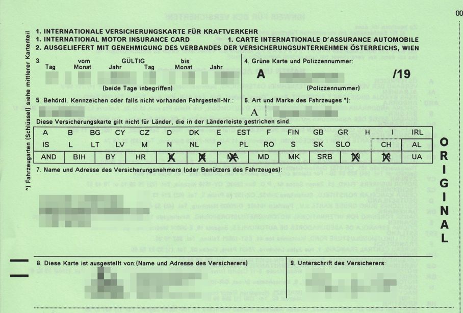 Internationale Versicherungskarte für Kraftverkehr (IVK, auch "Grüne Karte" genannt)