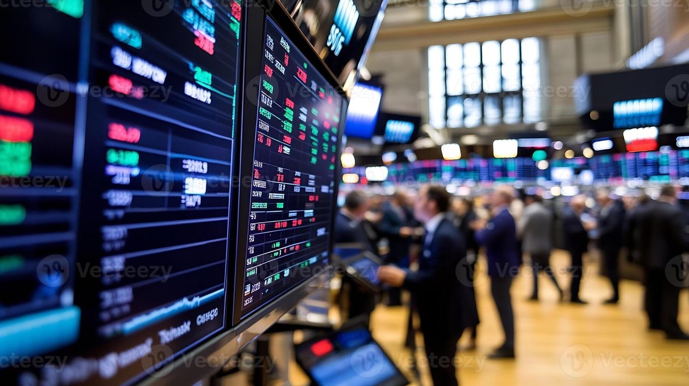Busy Stock Exchange Floor with Digital Trading Screens Showing ...
