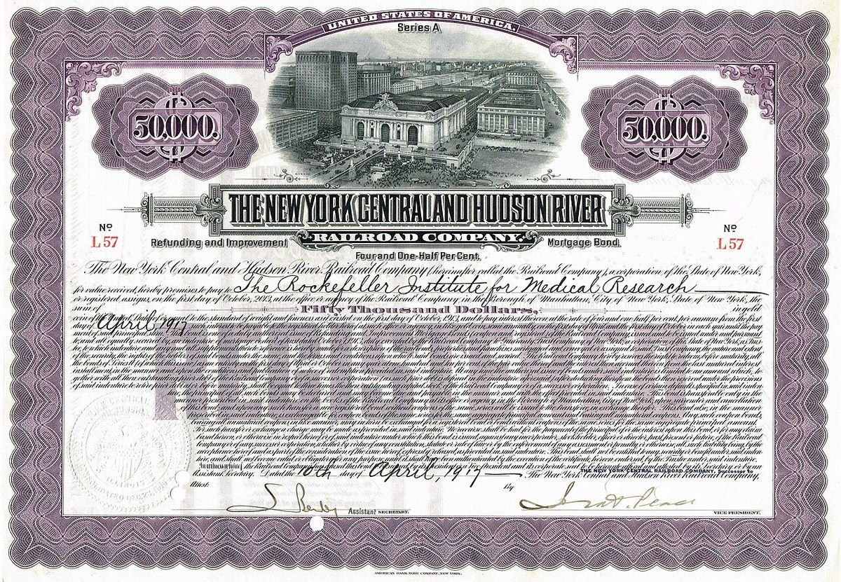 Registered Bond der New York Central and Hudson River Railroad Company vom 10 April 1917