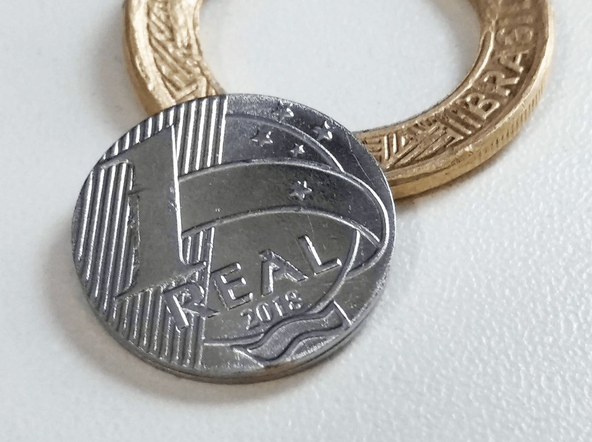 The two parts of a Brazilian 1 Real coin. Because it is a bi-metallic coin, the two metals can be separated.