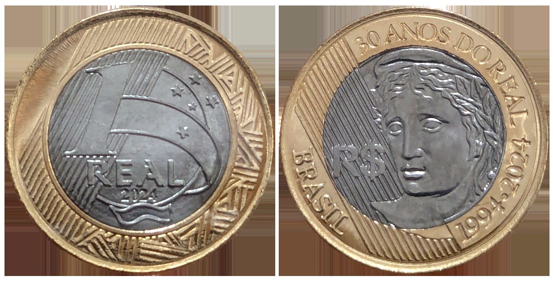 Brazilian real's 1 real coin commemorating the 30th anniversary of the real (2024).