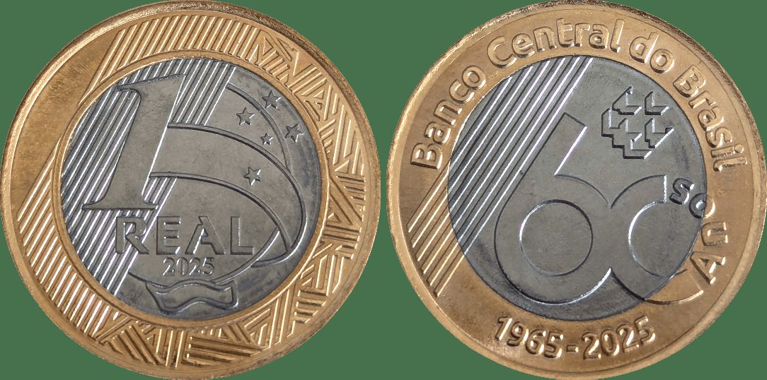 Brazilian real's 1 real coin commemorating the 60th anniversary of the Central Bank of Brazil (1965–2025).