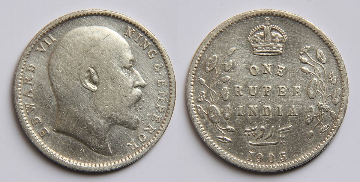 Face value: 1 Indian rupee coin. Country: Indian. Year of minting: 1905. Metal: Silver. Shape: Round. Obverse: Profile of Edward VII surroun