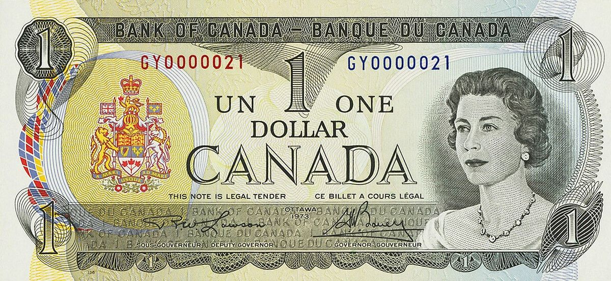Face side of Scenes of Canada one-dollar note, 1973