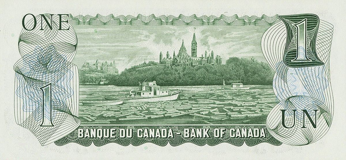 Back side of Scenes of Canada one-dollar note, 1973