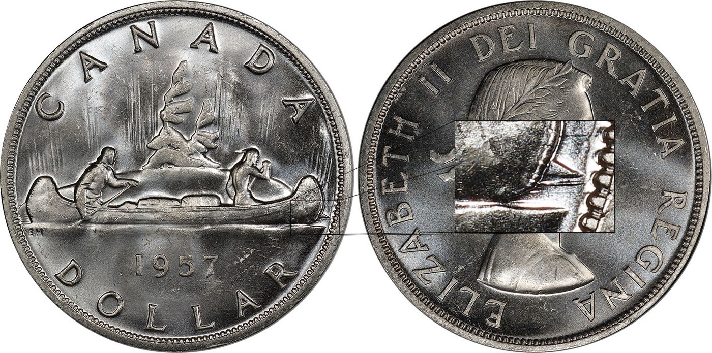 Coins and Canada | 1 dollar 1957 | Canadian coins price guide, values,  errors, varieties and features | Coins and Canada