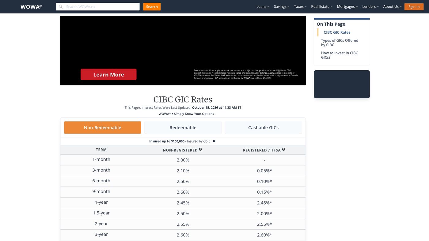 Compare CIBC GIC Rates | WOWA.ca