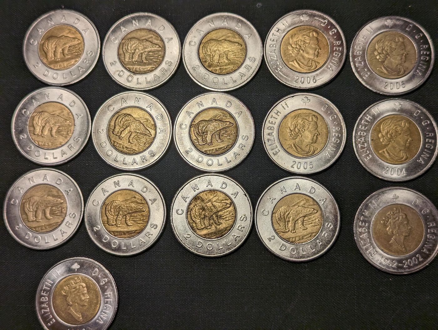 My counterfeit toonie collection with comparison to real ones in the last  photo : r/CanadianCoins
