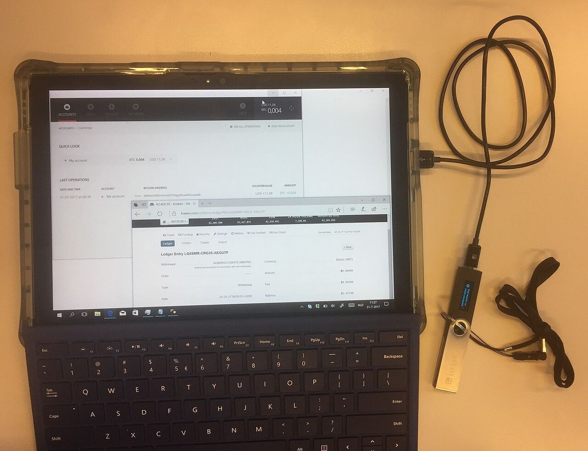 An actual bitcoin transaction from the Kraken cryptocurrency exchange to a hardware cryptocurrency wallet.