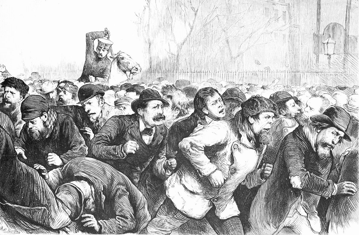 Crowd driven from Tompkins Square by the mounted police, in the Tompkins Square Riot of 1874.
