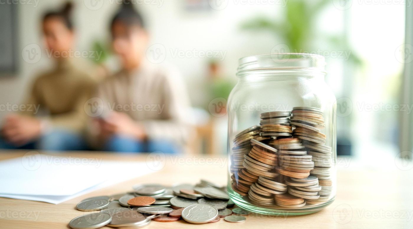 A clear piggy bank jar overflowing with metal currency sits on a desk. This savings  pot rests near loose change while two people relax in a