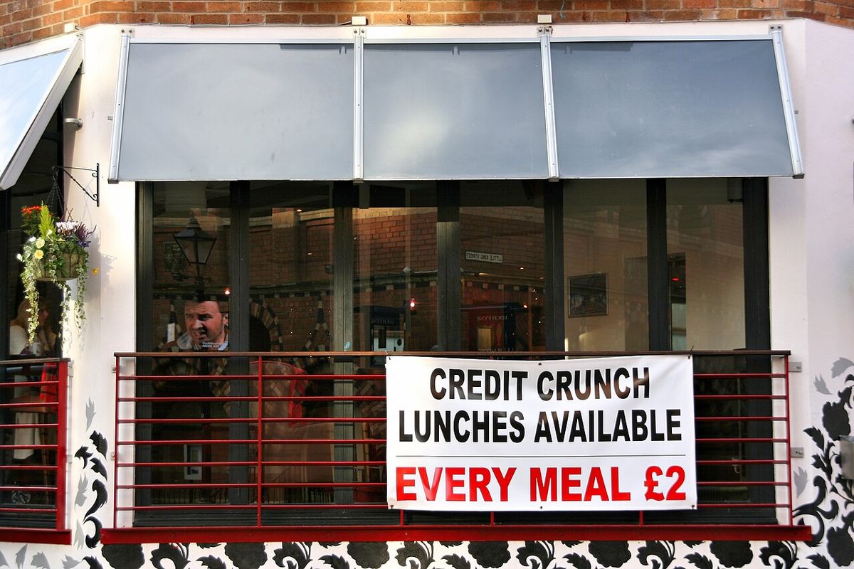 2007-2008 global financial crisis effect in Bristol, South West England, UK. Local restaurant in Bristol offering "Credit Crunch Lunch" avai