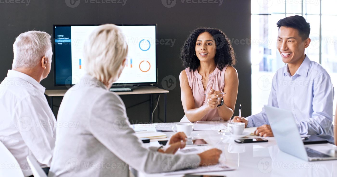 Happy, business people and discussion in office with data analysis, budget  goals and finance stats. Team, meeting or communication in workp