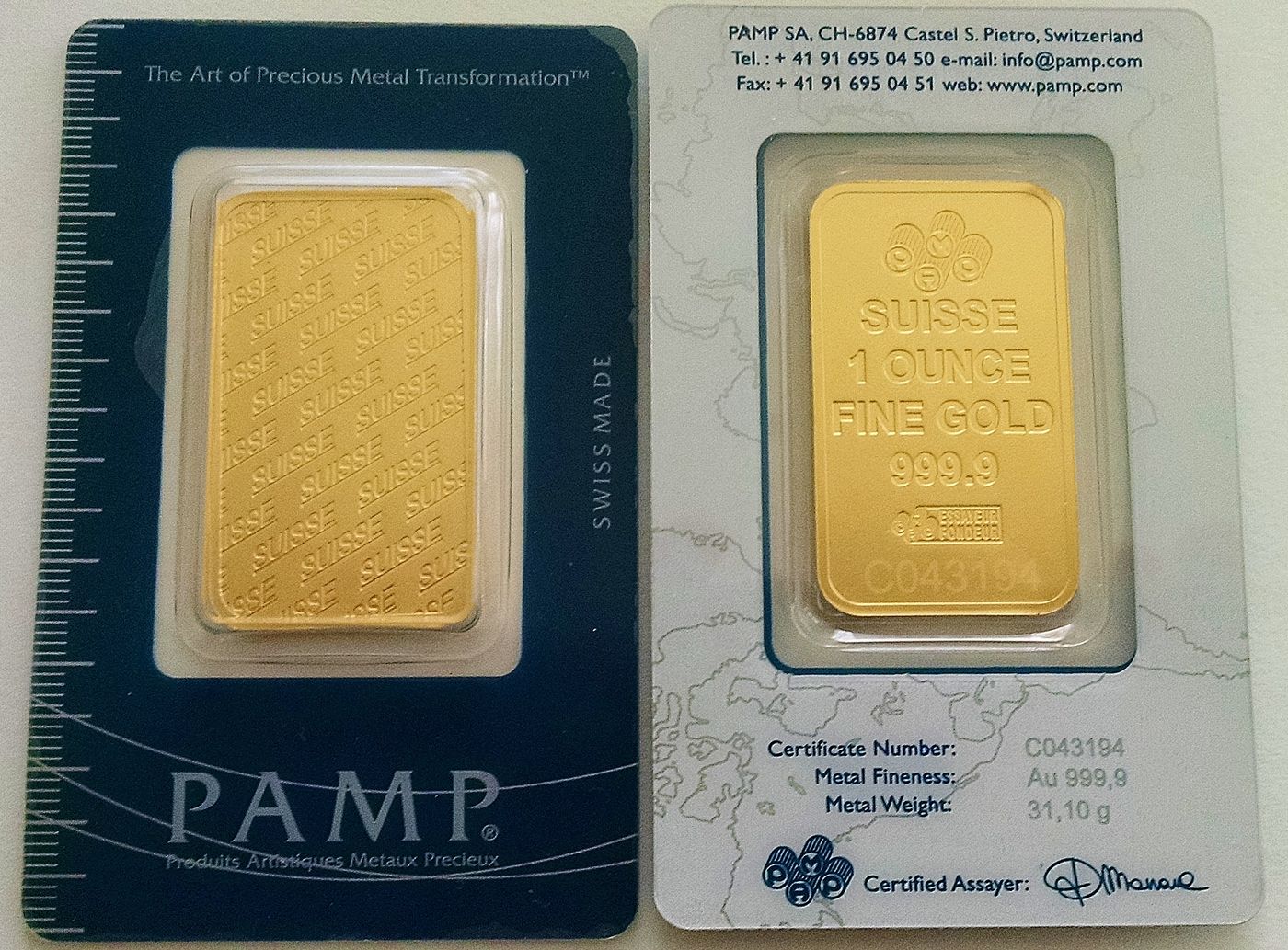 1 oz Gold Bar, Pamp Suisse New Design in Assay Card, HW Minting Company
