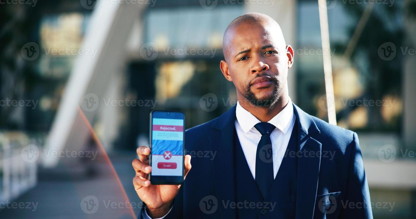 Phone screen, rejected or business black man with portrait for loan  application, RPA and bad news. UI system, online portal and person with