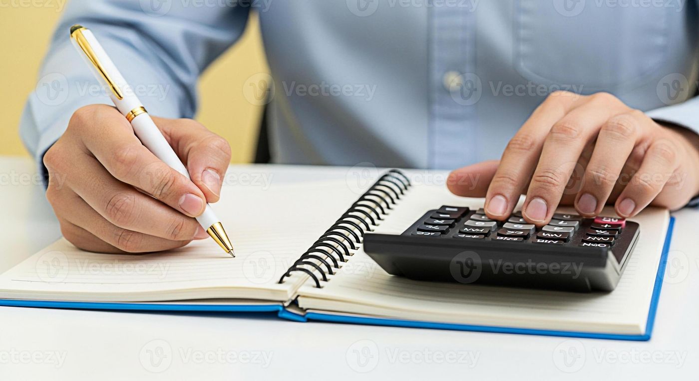 Closeup of a person calculating finances and writing in a notebook on a  bright desk showcasing financial planning accounting and careful ma