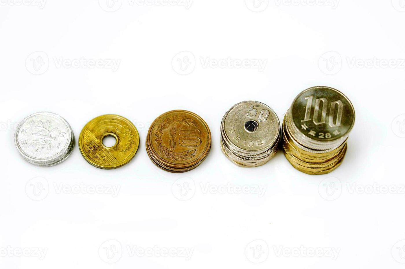 Top view and line up stacked of Japan yen currency coins isolate on white  background. 35580538 Stock Photo at Vecteezy