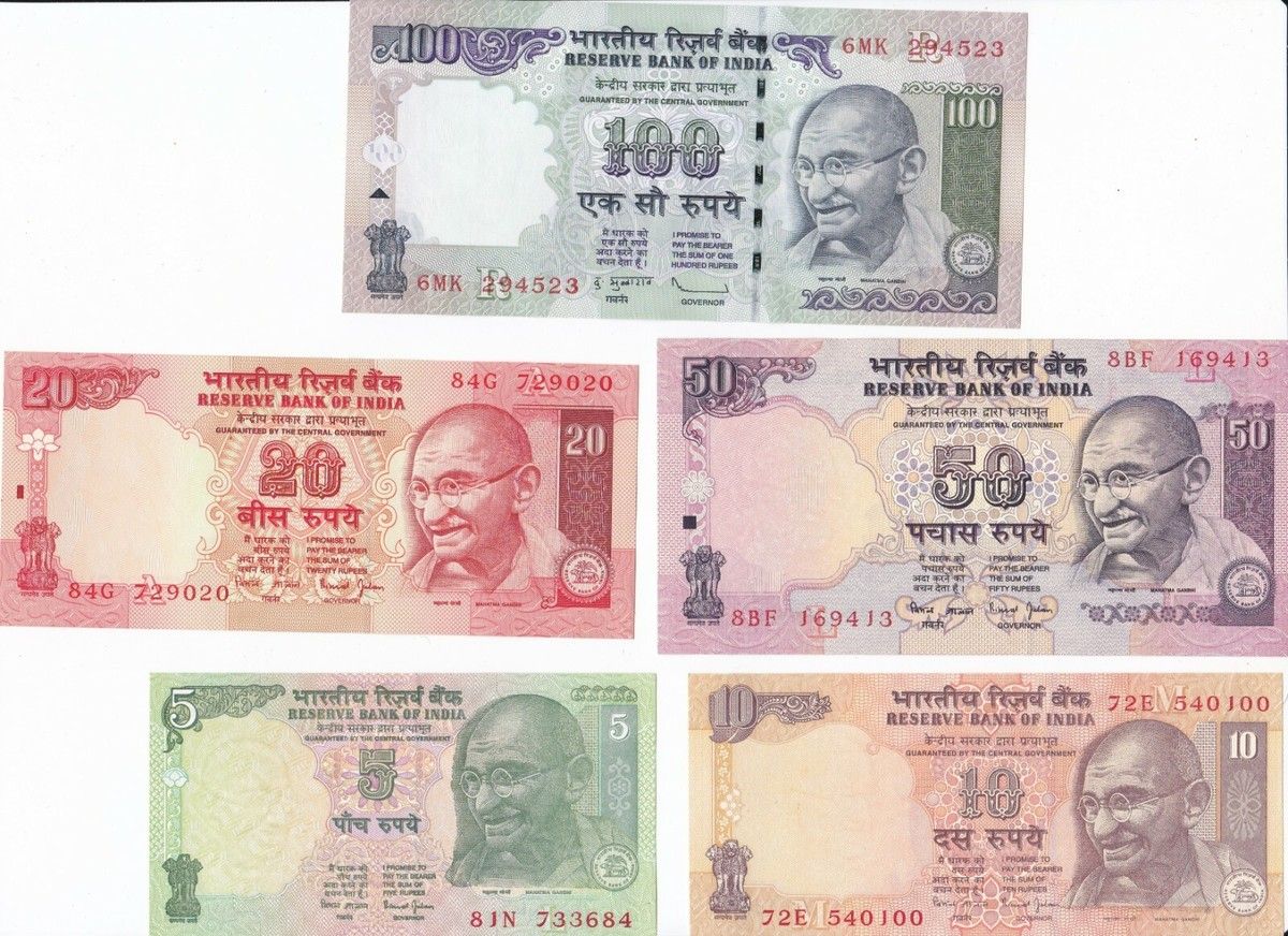 India Rupee Currency Paper Money Bank Notes 5-10-20-50-100 set of 5 Notes