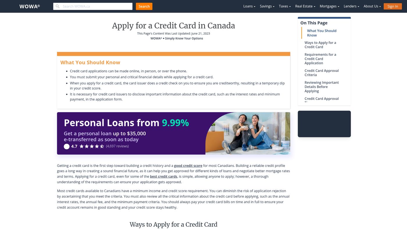 Apply for a Credit Card in Canada | WOWA.ca