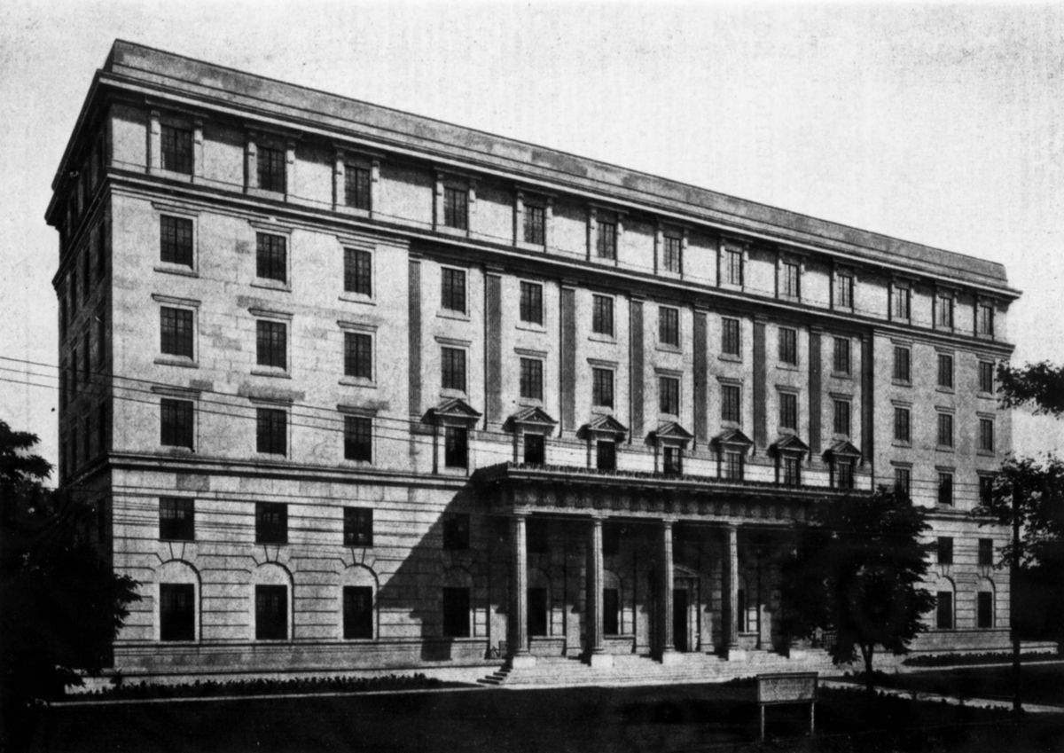 Photograph of the Manufacturers Life Building in Toronto, designed by Sproatt & Rolph