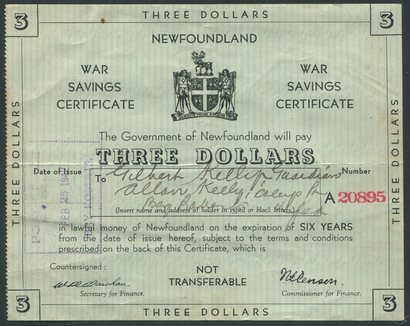 NEWFOUNDLAND WAR SAVINGS CERTIFICATES 191126 - Deveney Stamps