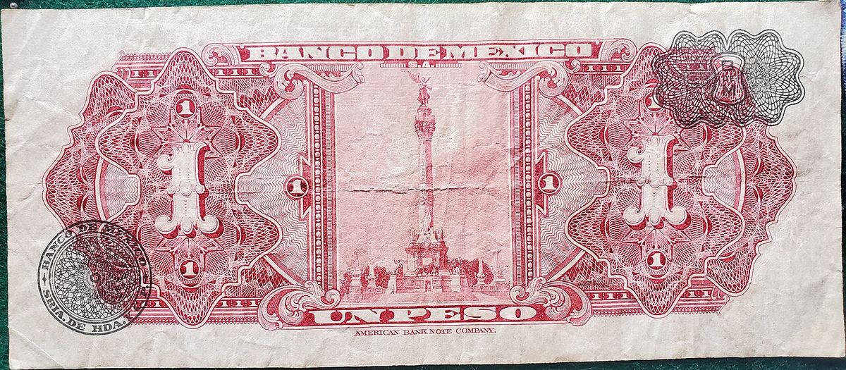 The reverse of an AA series 1 MX peso bill