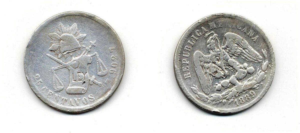 Moneda de 25 centavos acuñada en la ceca de Zacatecas en 1889.
