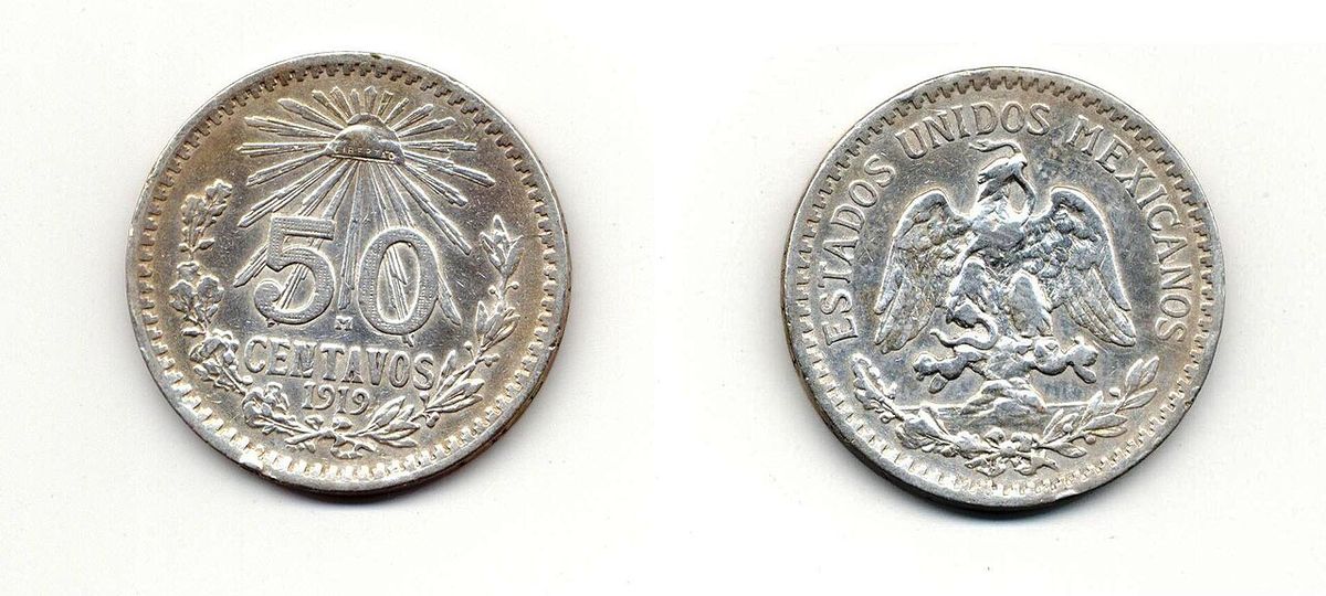 Moneda de 50 centavos acuñada en la ceca de México en 1919.