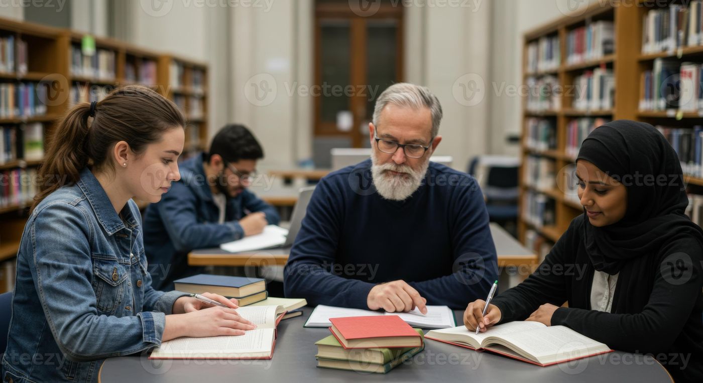 Students studying in library with professor education learning university  college diverse group of people 71530846 Stock Photo at Vecteezy
