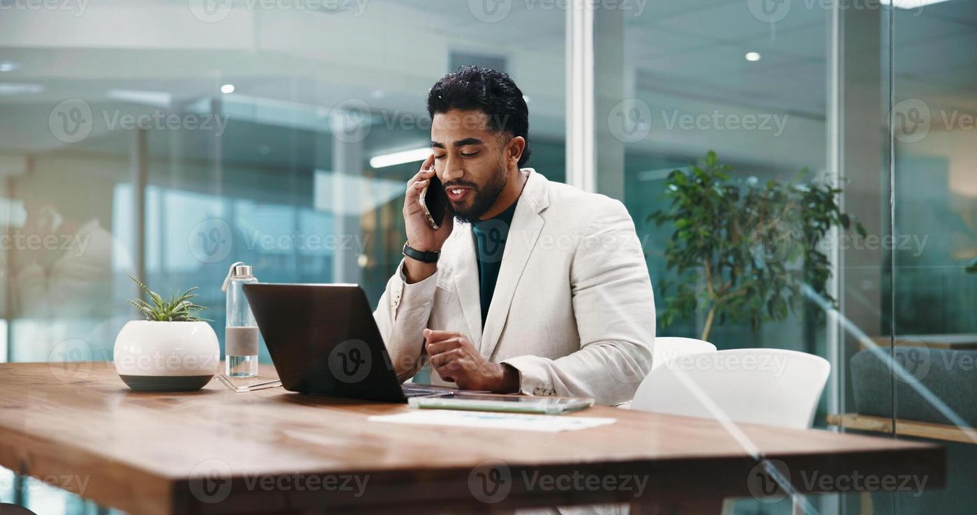 Man, laptop and phone call at night with finance review, discussion and  networking at office. Person, accountant and smartphone with comput