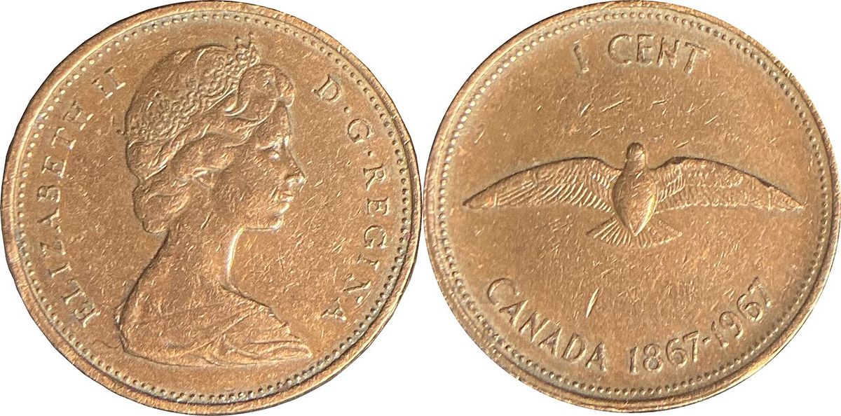 Le sou du centenaire du Canada, avec le buste de la reine Elizabeth II tourné vers la droite (avers, gauche) et un pigeon ramier (revers, droite).