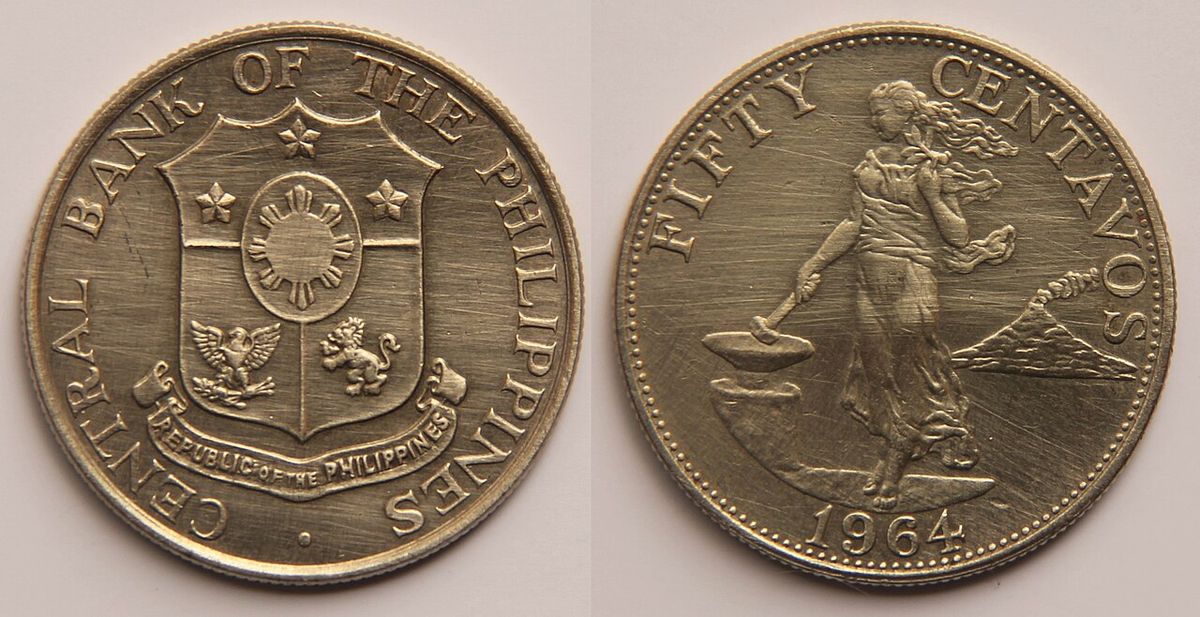 50 Philippines Centavos. Coin dates to 1964. Front (Obverse) of the coin, reads the denomination of the coin and year of minting on the peri