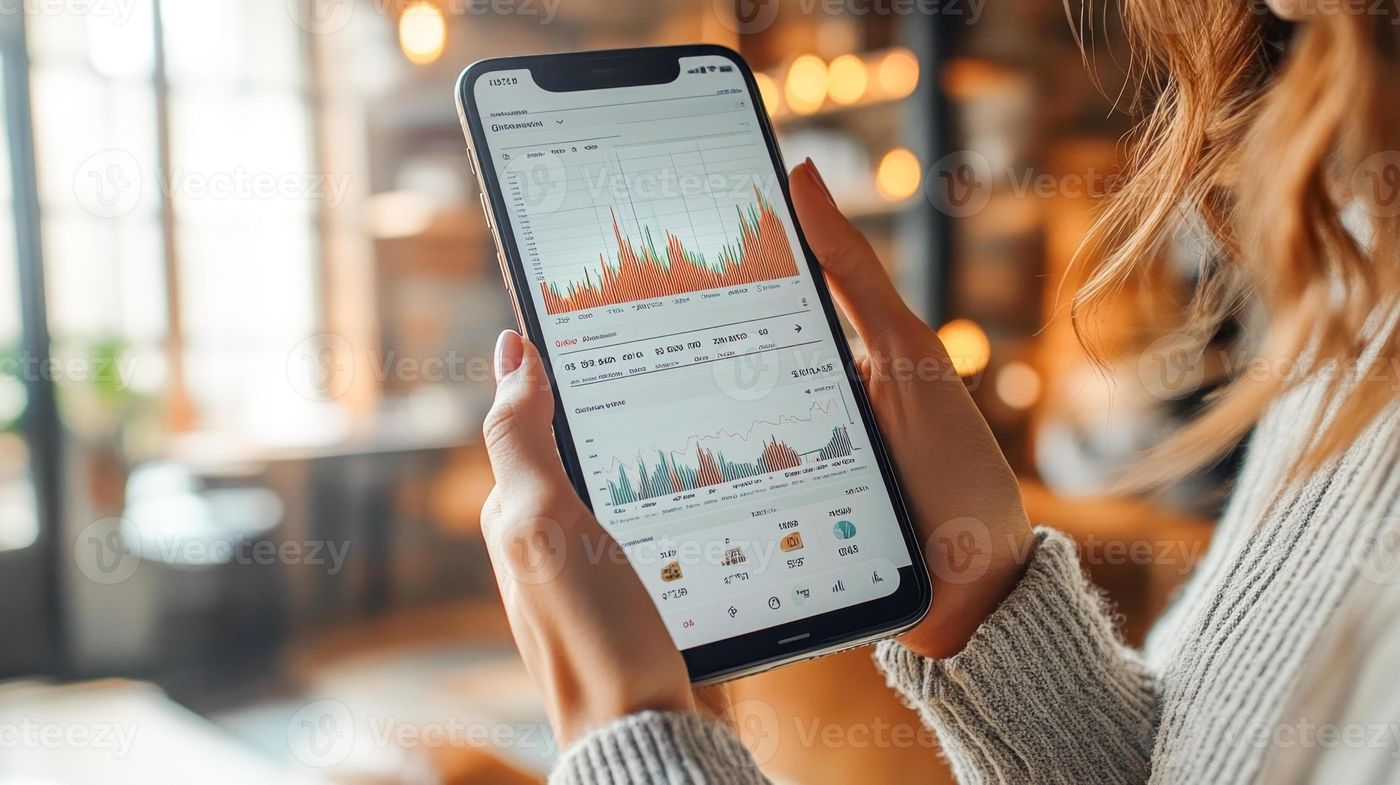 A person checks their mobile banking app in a cozy setting. The screen  displays transaction details, account balances, and a graphical stat