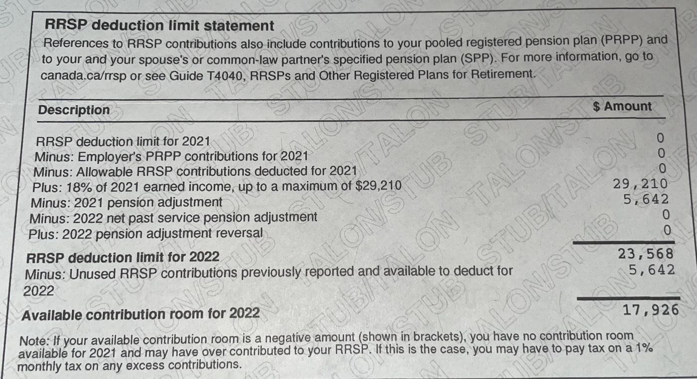 RRSP contribution limit for 2022 : r/cantax