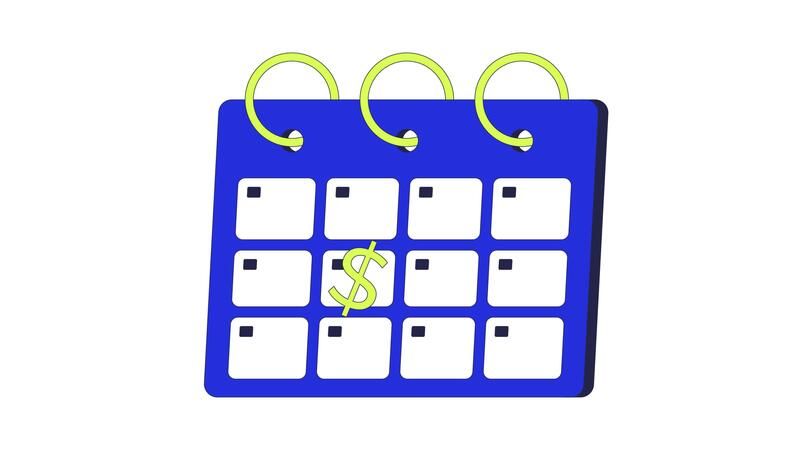 Marked calendar with dollar sign 2D cartoon object animation. Financial  deadline. Encircling payday date calender. Money schedule. Tax paym