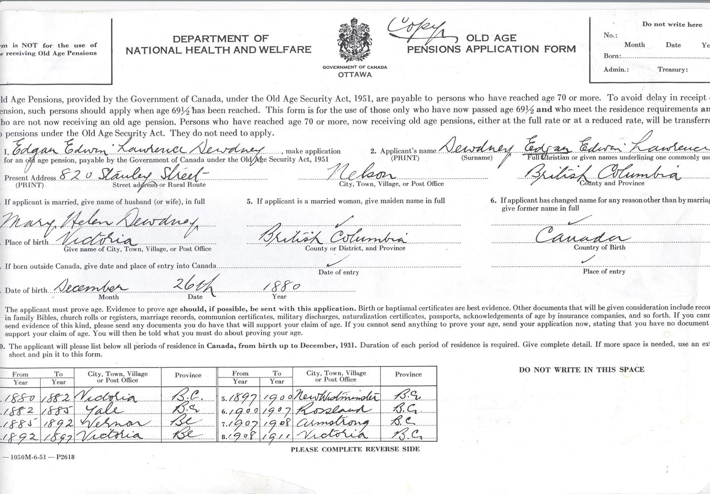 Copy of application for Canadian Old Age Pension was a great source of  information about grandfather E.E.L. “Ted“ Dewdney, thebravestcanadi