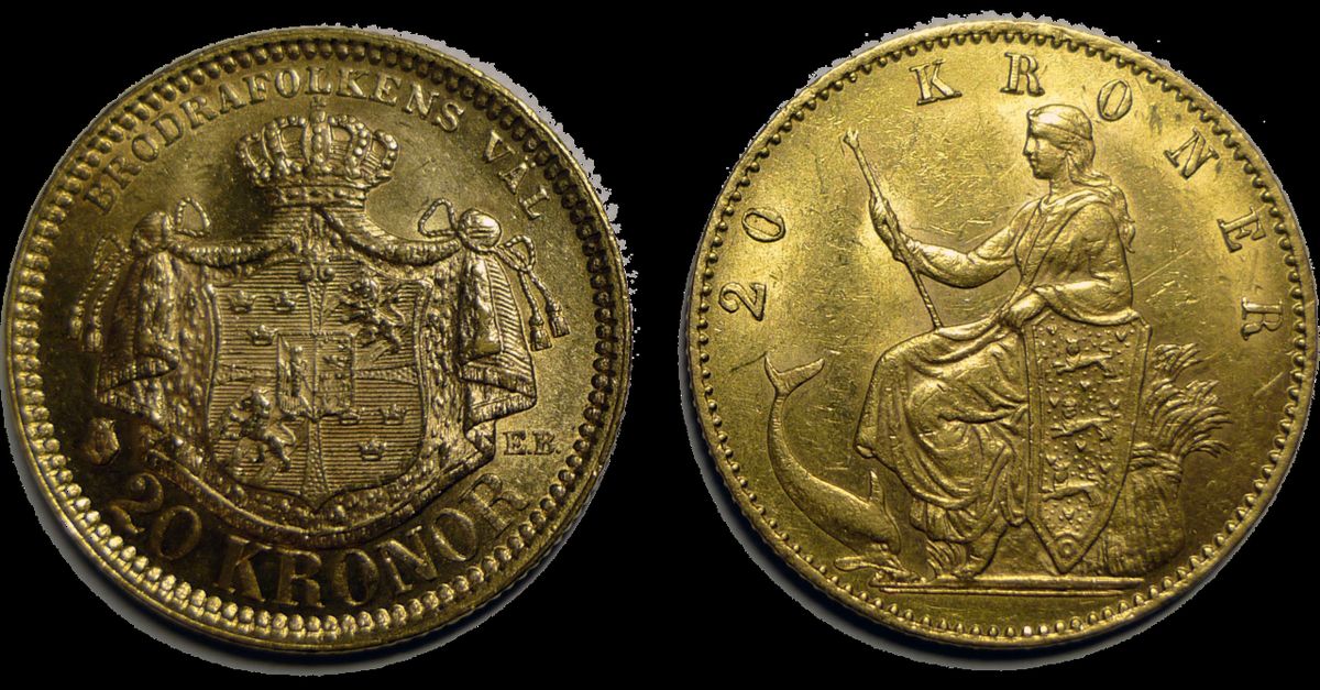 Two 20kr gold coins from the time of the Scandinavian Monetary Union. The left one is Swedish, and the right one is Danish.