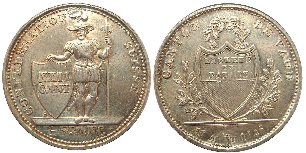1 franc, Canton of Vaud, Switzerland, 1845