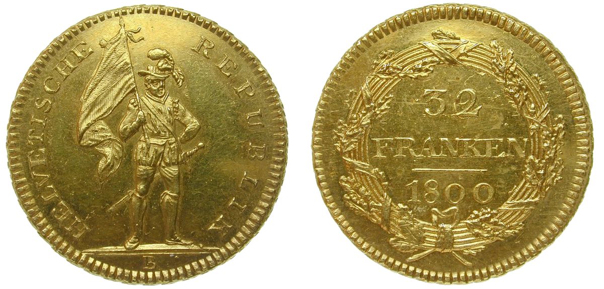 32 Franken coin of the Helvetic Republic (15.28 g, 29 mm diameter), Bern mint. Dated 1800.
