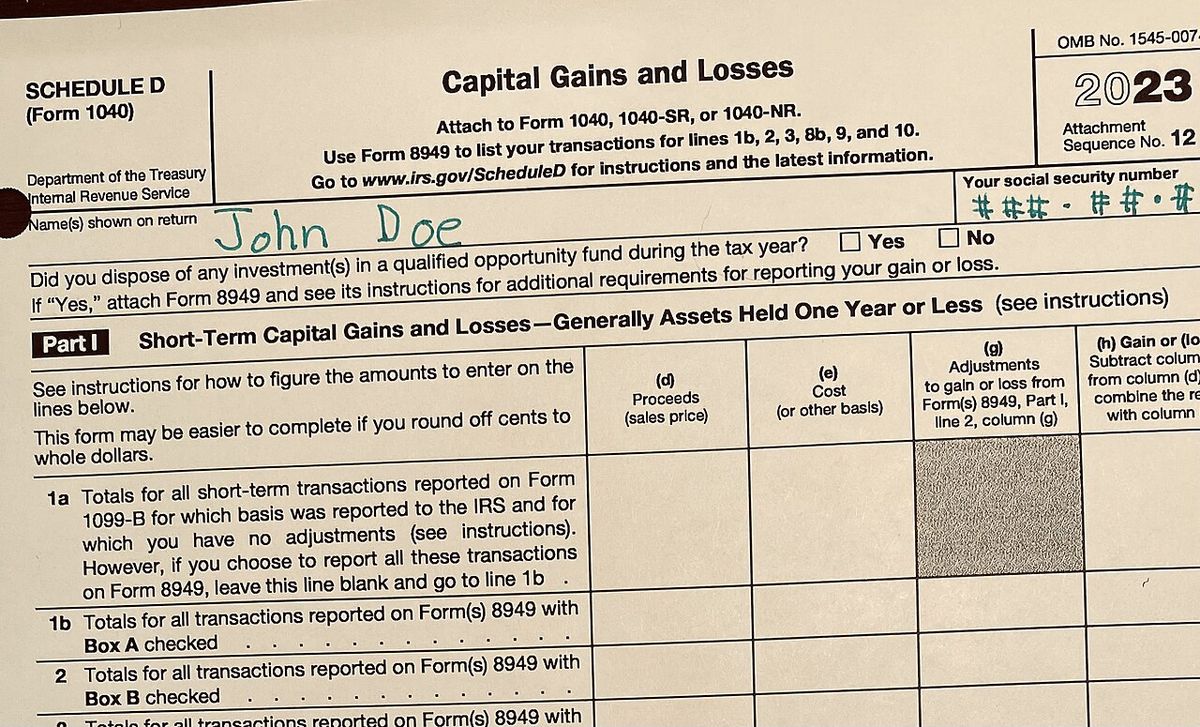 US Department of Treasury Internal Revenue Service Schedule D, Capital Gains & Losses