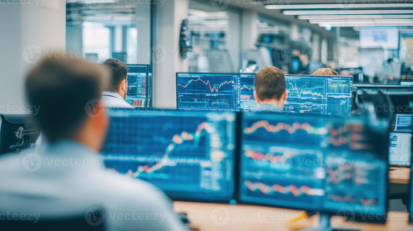 Stock Market Trading Floor Professionals Analyzing Financial Data and  Charts on Computer Screens in Busy Office 70722727 Stock Photo at Vec