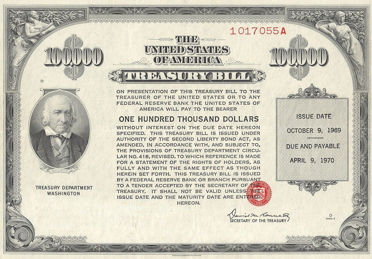 1969 $100,000 United States Treasury bill