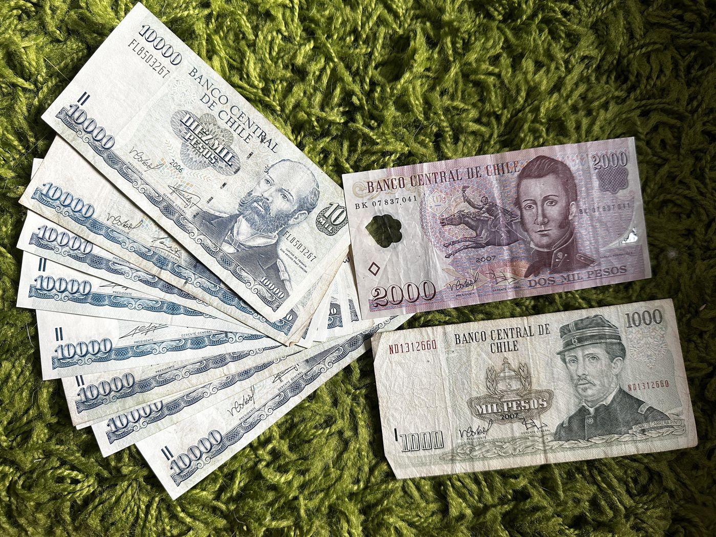 Chilean Pesos… got a ton of these from an estate, kept the best example of  each note for my collection, left with 93,000 FV (~$115 USD)… pe