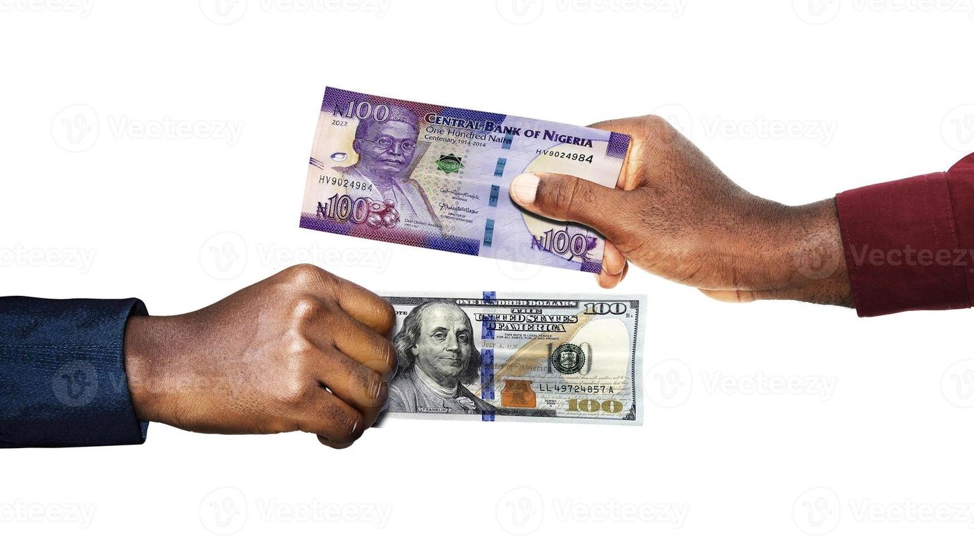 Nigerian Naira USA Dollar currency pairing.Black African hands holding  exchanging comparing two bank notes. Nigeria versus USA. Weighing  C