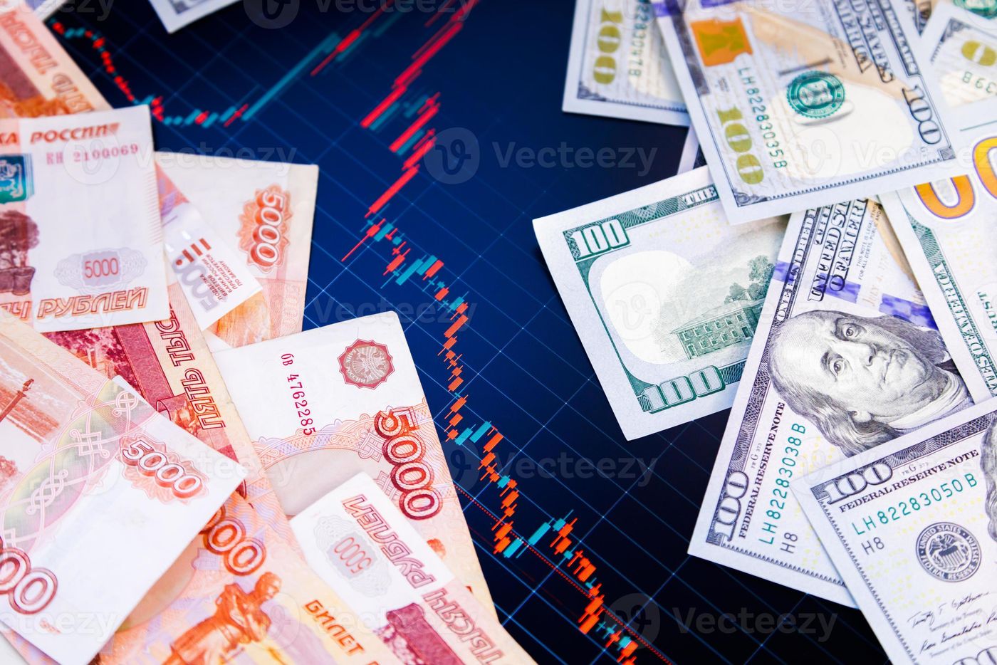 US dollar and russian ruble banknotes over digital screen with ...